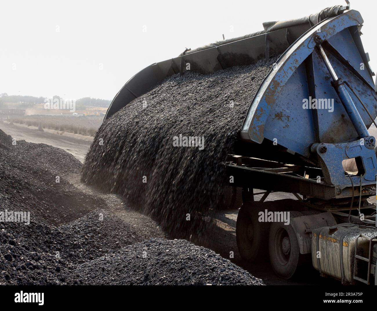 Autocarro scarico carbone a bordo ferroviario per l'esportazione Foto Stock