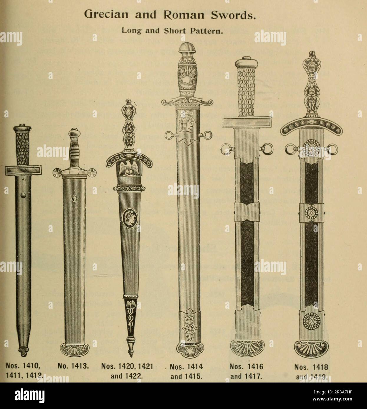 Spade greche e romane dal catalogo ' Catalogo illustrato e listino prezzi; Cavalieri di Pythia Lodge paraphernalia e costumi per tutti e tre i ranghi ' i Cavalieri di Pythia è un'organizzazione fraterna e società segreta fondata a Washington, D.C., il 19 febbraio 1864. I Cavalieri di Pythia è la prima organizzazione fraterna a ricevere una carta sotto un atto del Congresso degli Stati Uniti. Fu fondata da Justus H. Rathbone, che era stato ispirato da una commedia del poeta irlandese John Banim sulla leggenda di Damon e Pytia. Questa leggenda illustra gli ideali di lealtà, onore e f Foto Stock