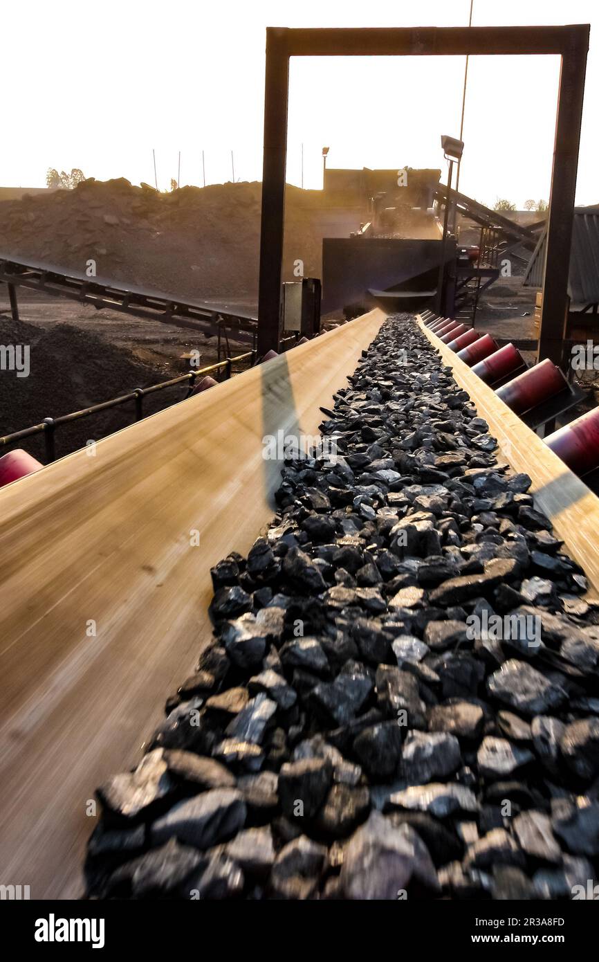 Coal ore su un nastro trasportatore per la lavorazione Foto Stock