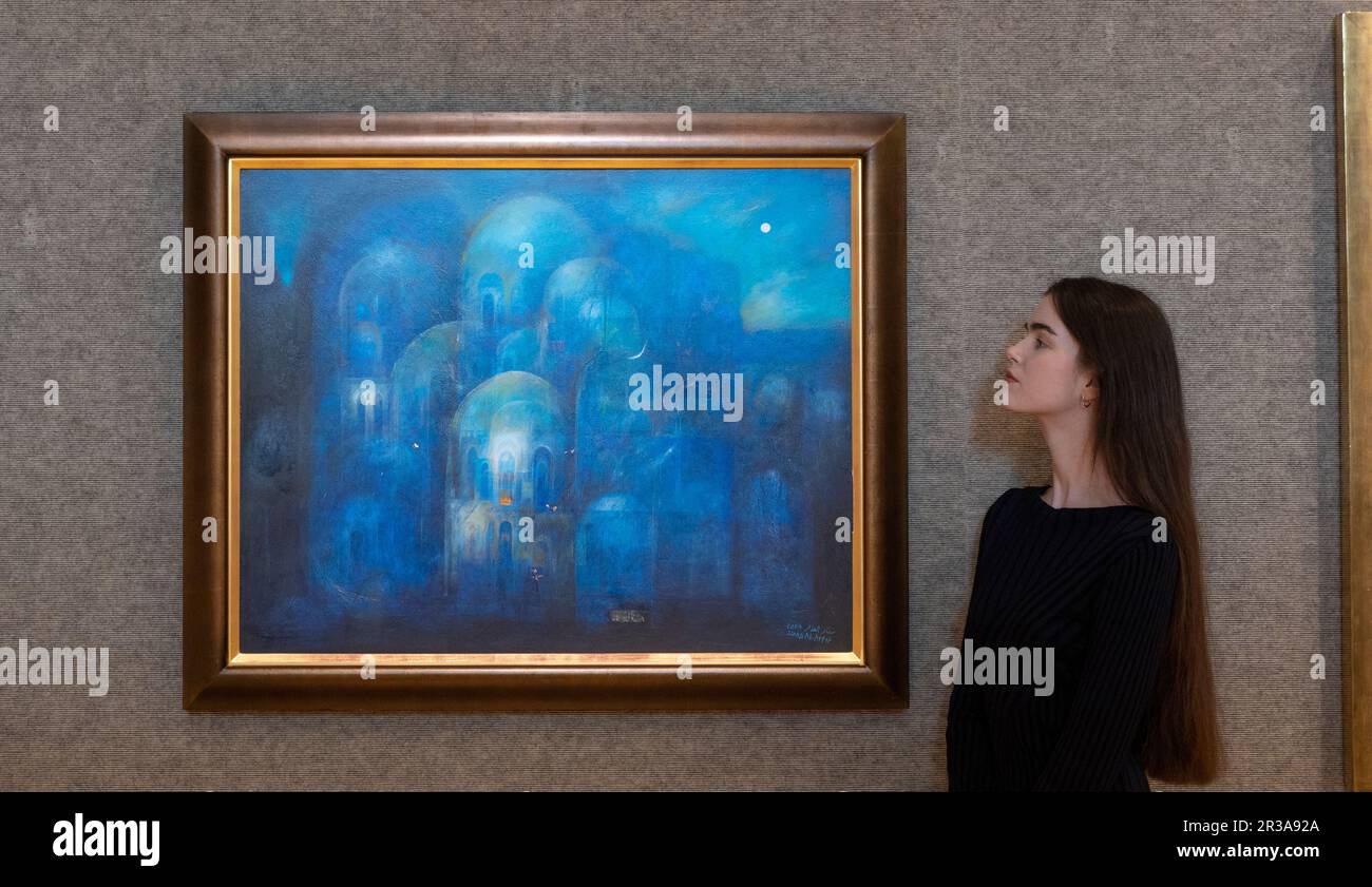 Bonhams, Londra, Regno Unito. 23rd maggio, 2023. Il 24 maggio si svolge il Modern & Contemporary Middle Eastern Art sale. Le attrazioni includono: Suad al Attar (Iraq, nato nel 1942), Tramonto a Salam City. Stima: £ 8.000-£ 12.000. Credit: Malcolm Park/Alamy Live News Foto Stock