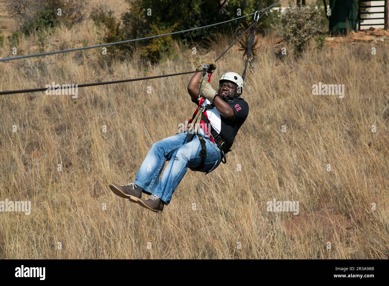 Diversi adulti che si divertono con un giro in zip Line in campagna Foto Stock