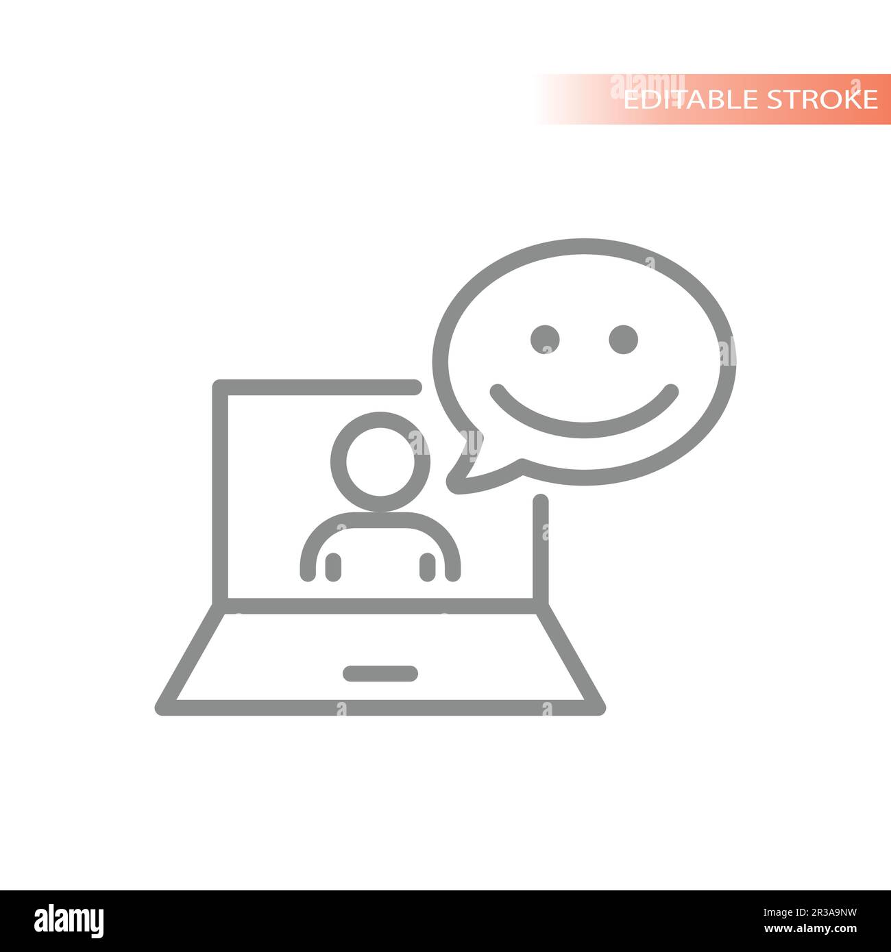 Icona della chat con il volto felice, icona del vettore della linea di feedback del cliente. Simbolo di chat, aiuto o profilo di contatto sui social media. Illustrazione Vettoriale