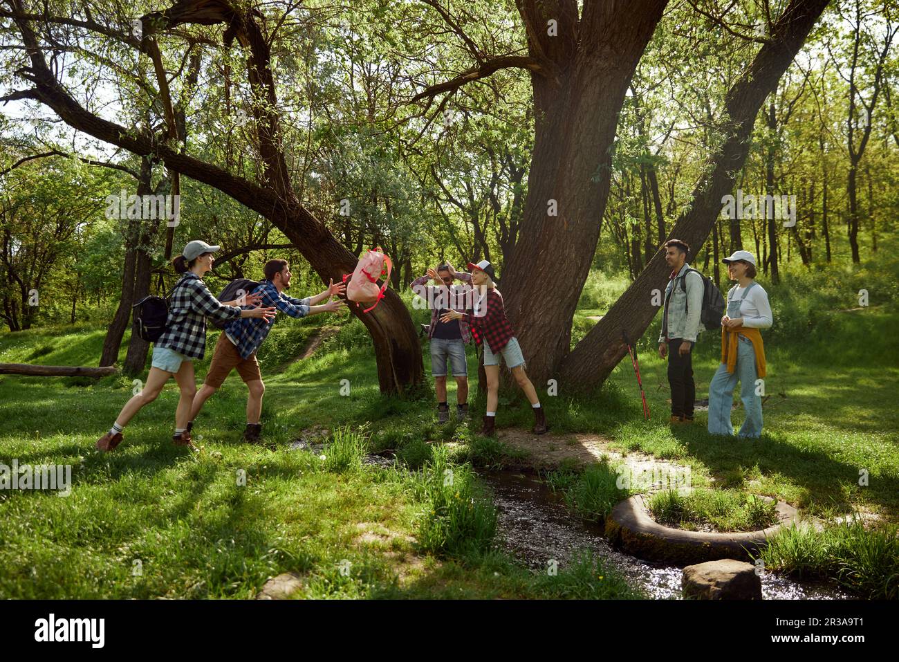 Goditi i weekend all'aperto. Giovani, uomini e donne, amici che fanno escursioni, camminano nella foresta, saltano sul fiume in una giornata calda Foto Stock