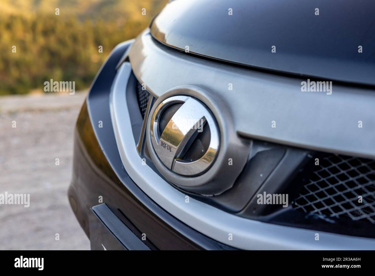 Logo Nissan Juke Impul closeup con messa a fuoco selettiva Foto Stock