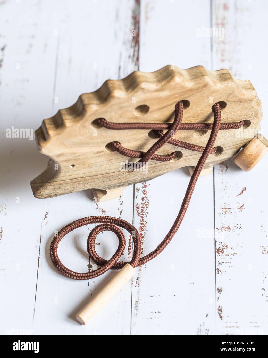 Riccio in legno naturale per l'educazione delle capacità motorie, coordinazione occhio-mano, matematici Foto Stock