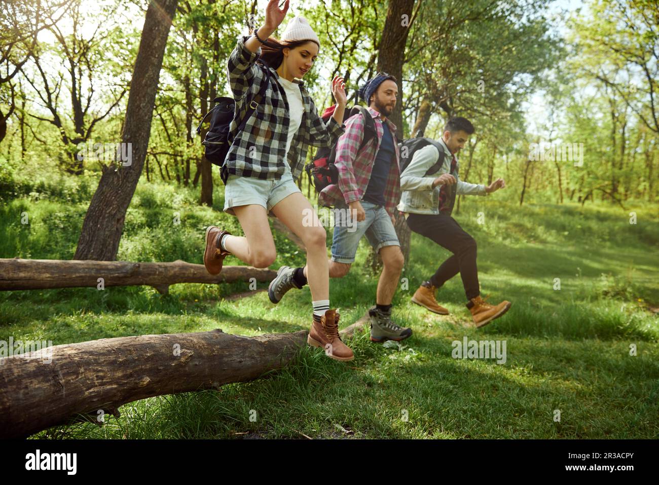 Gruppo di giovani, amici che camminano nella foresta, fare escursioni nella calda giornata di sole, saltare sopra il grande albero Foto Stock