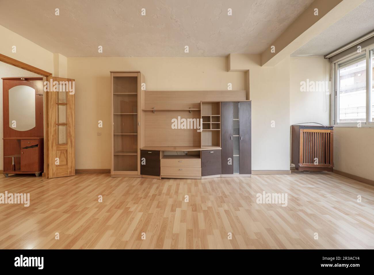 Ampio soggiorno di un appartamento con una piccola libreria vuota su una parete e pavimento galleggiante in legno Foto Stock