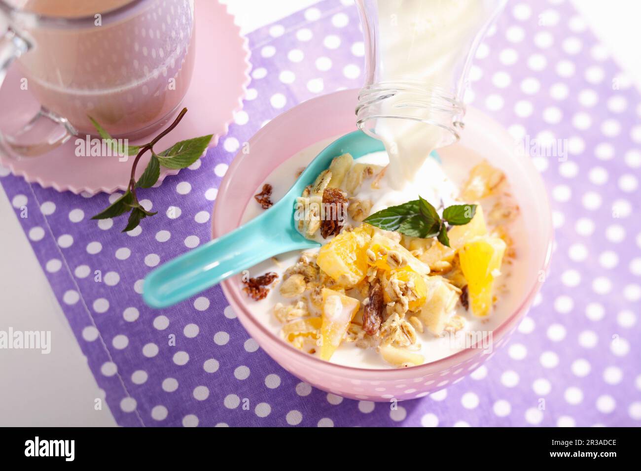 Muesli con avena, ananas, mela, arance, persimmon e latte Foto Stock