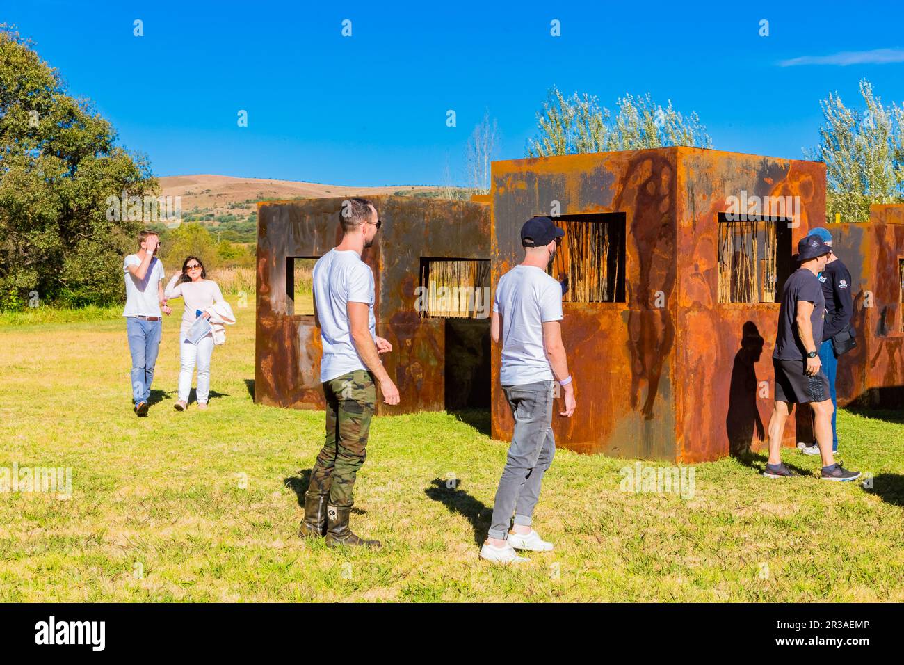 Persone che ammirano un pezzo d'arte al Nirox Sculpture Park Foto Stock