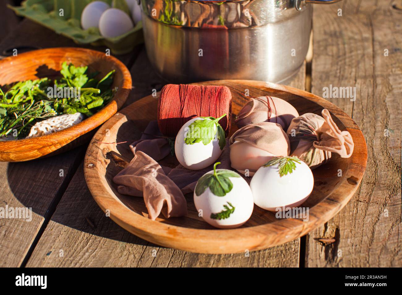 Chiudi le uova con piante verdi su di loro. Preparazione per colorazione Foto Stock