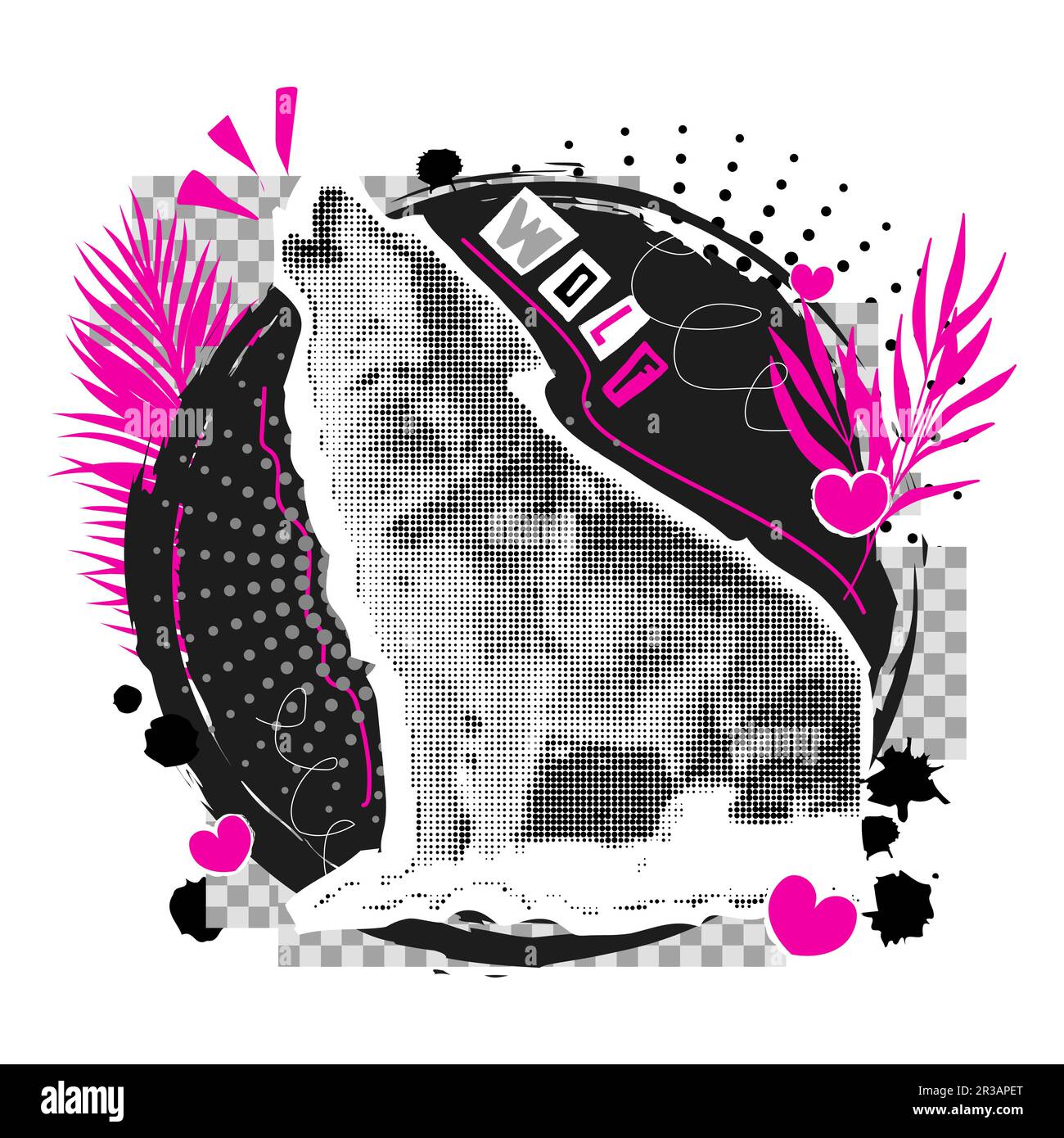 Silhouette Wolf in stile collage. Estetica Dada. Illustrazione Vettoriale