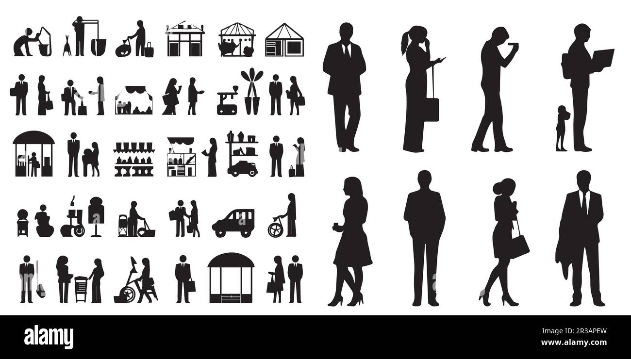 Una collezione di silhouette di persone e un negozio chiamato vettore di mercato. Illustrazione Vettoriale