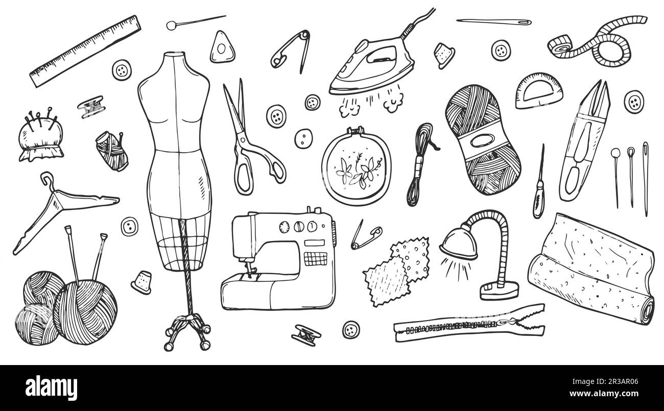 Utensili da cucire e da sartoria, manichino da cucire, macchina, forniture di misura e taglio, Black Outline Vector round Concept Illustrazione Vettoriale