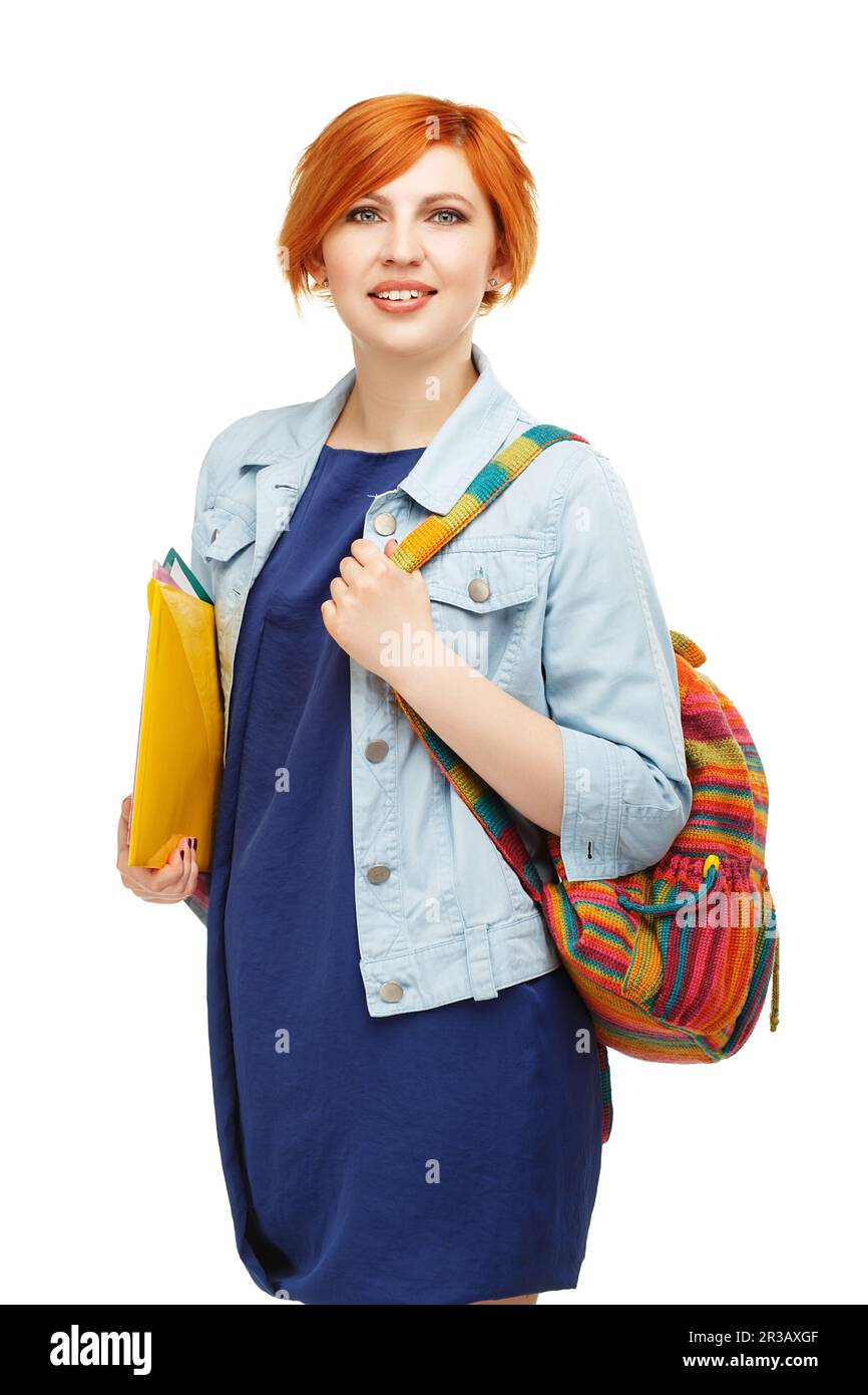 Ritratto di ragazza diligente studente con cartelle e zaino università o università con zaino colorato Foto Stock