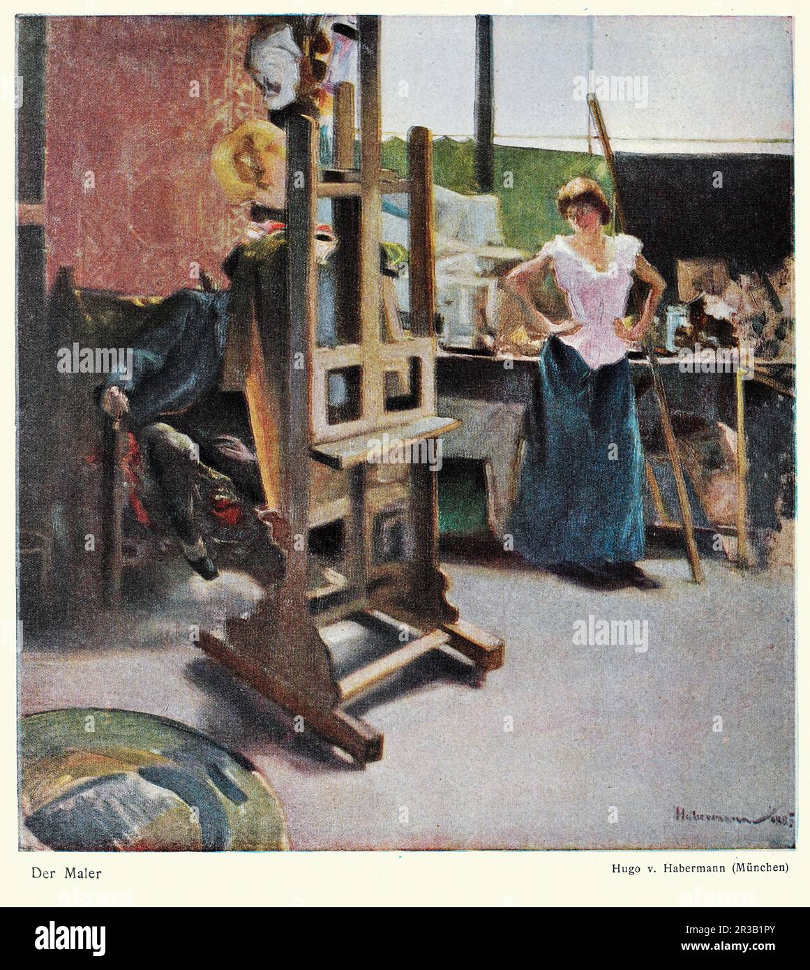 Illustrazione vintage, Der Maler, il Pittore, Artist Painting un ritratto di una donna nel suo studio, arte tedesca 1910s, dopo Hugo von Habermann Foto Stock