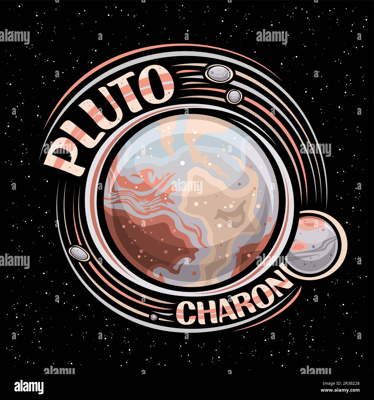 Logo vettoriale per Plutone, stampa fantasy decorativa con pianeta rotante plutone e molte lune, superficie rocciosa, etichetta cosmo rotonda con scritta unica per tex Illustrazione Vettoriale