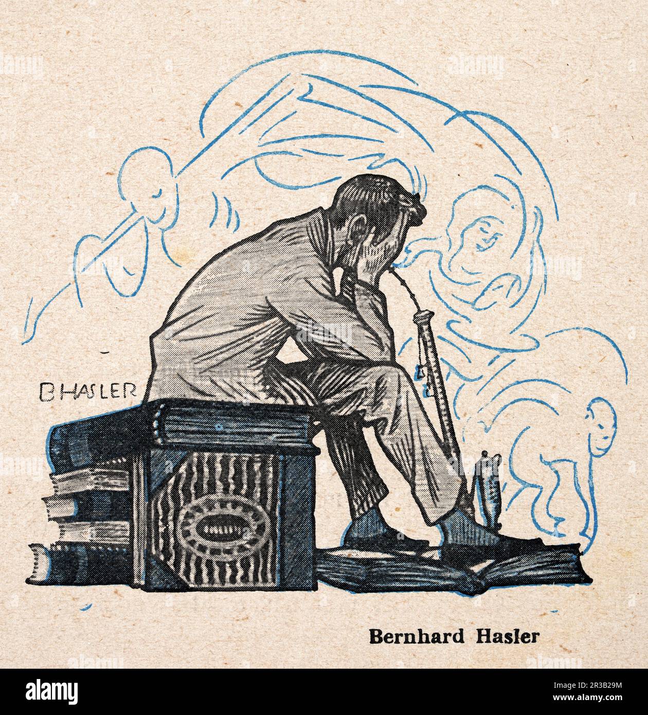 Illustrazione vintage, uomo seduto in mucchio di libri, fumo pipa di oppio, ispirazione autore, sogni, Art Nouveau, Jugendstil, Bernhard Hasler Foto Stock