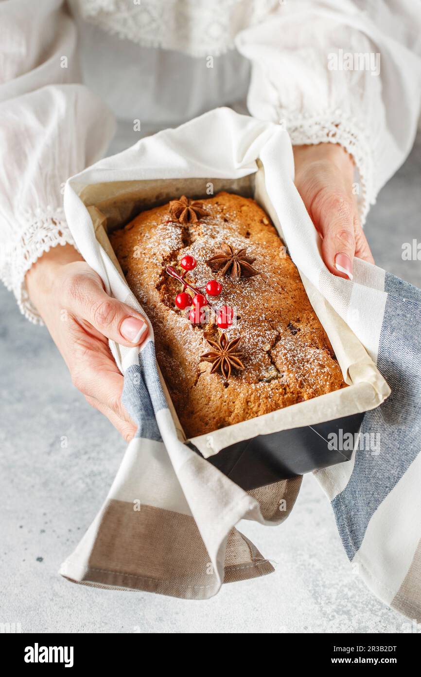 Stollen è un pane di frutta a guscio, spezie, frutta secca o candita, rivestito con zucchero a velo. Lo è Foto Stock
