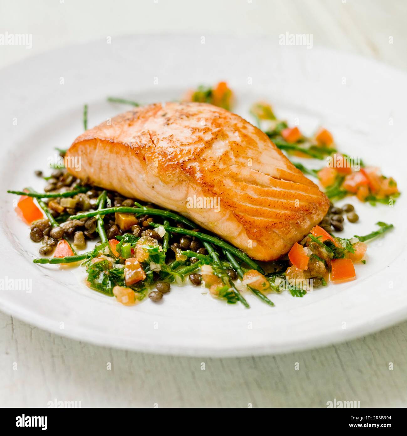 Filetto di salmone su un letto di samphire, lenticelle verdi e pomodori con una vinegaretta alle erbe verdi Foto Stock