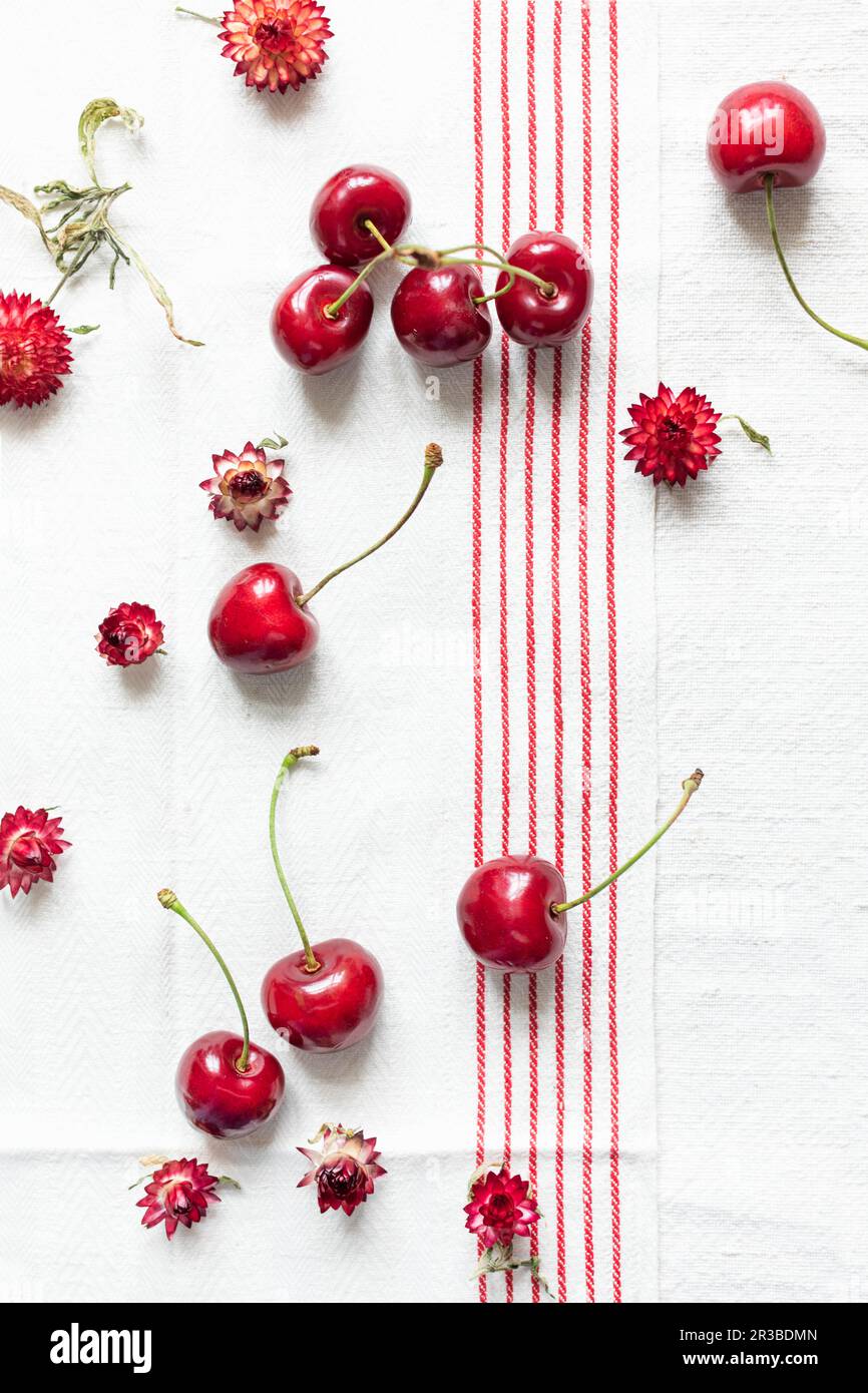 Ciliegie fresche e fragole rosse su un panno di lino Foto Stock