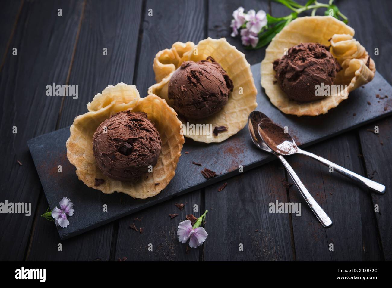 Gelato al cioccolato vegano con gocce di cioccolato in guscio di waffle Foto Stock
