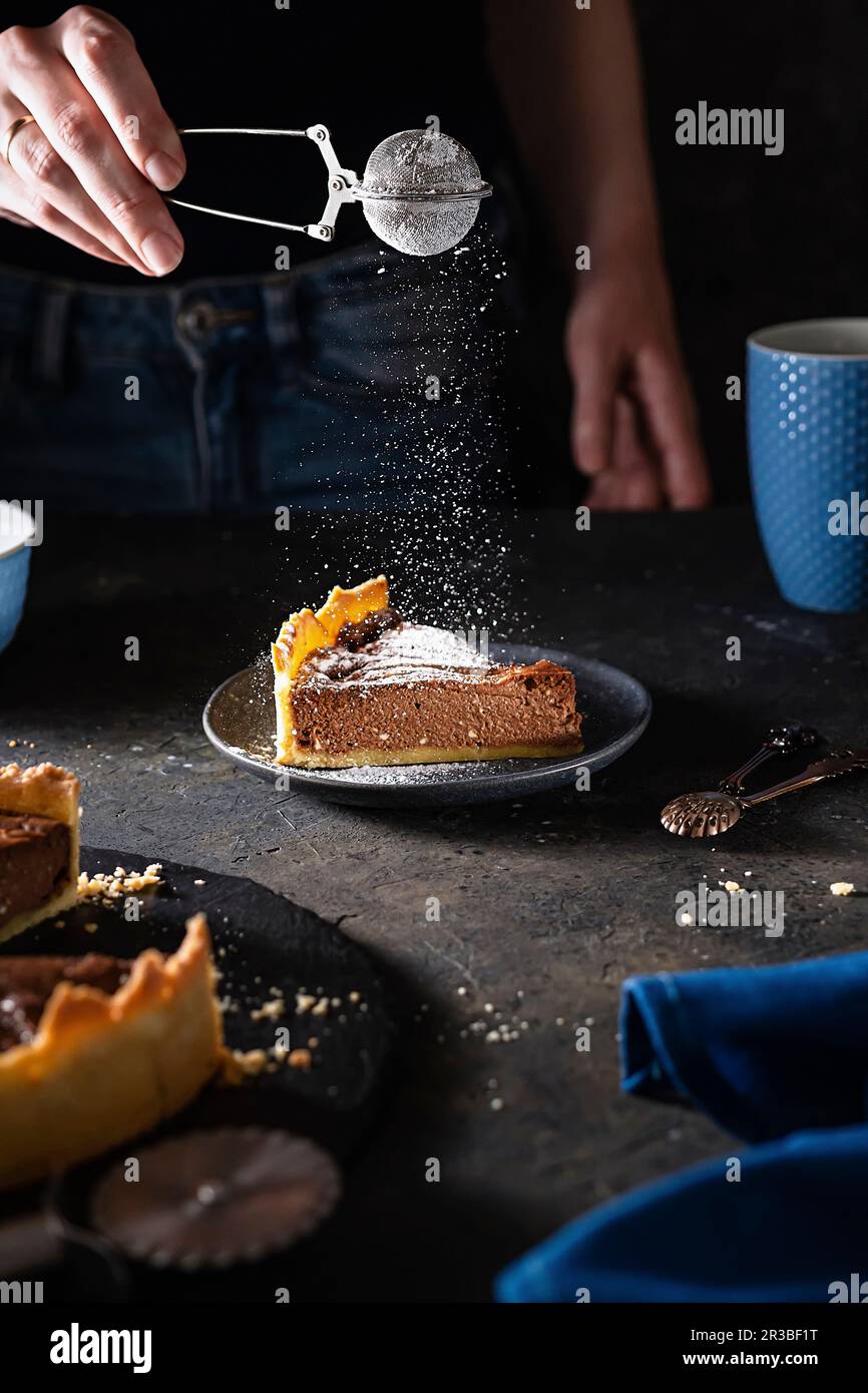 Torta di crema al cioccolato spolverata con zucchero a velo Foto Stock