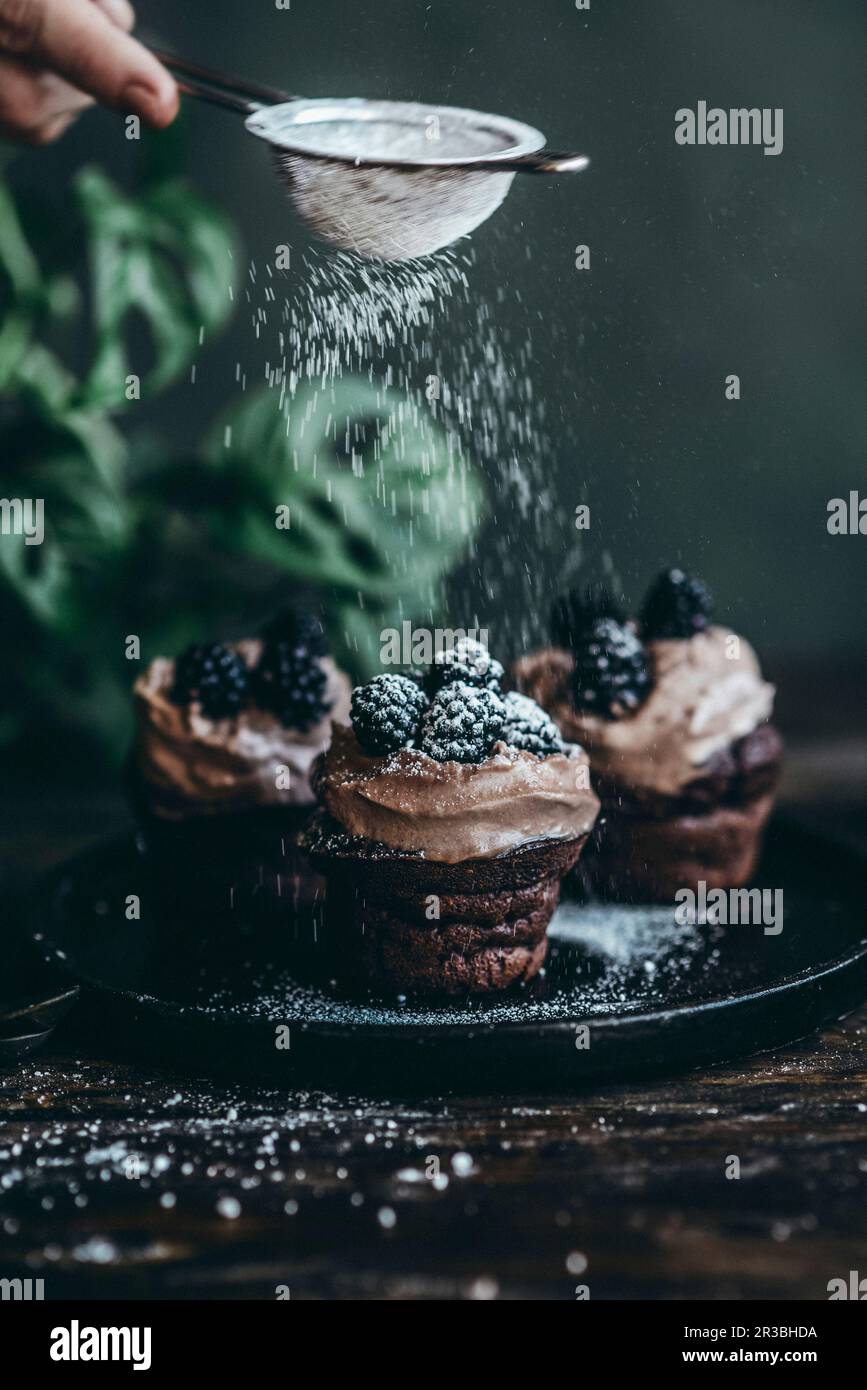 Cupcake al cioccolato con crema di caffè e more cosparse di zucchero a velo Foto Stock