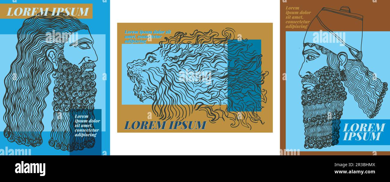 Risorse grafiche di tre disegni ispirati alla Mesopotamia. Vere illustrazioni di sculture classiche per stampe di magliette, poster, adesivi. Colpi un Illustrazione Vettoriale