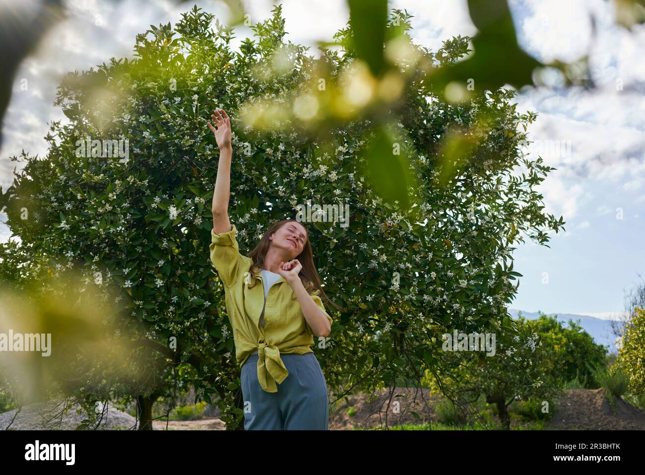 Giovane donna spensierata che balla di fronte all'albero Foto Stock