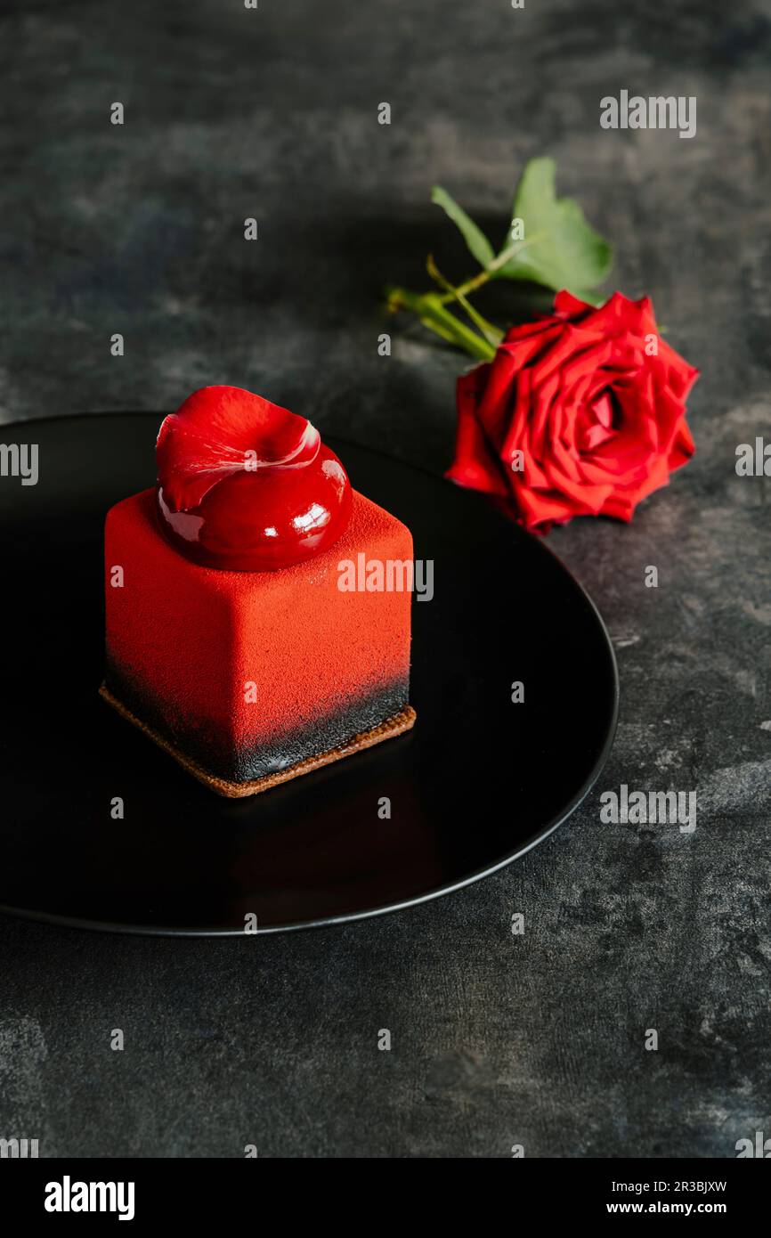 Torta individuale al cioccolato e alla mousse di frutti di bosco Foto Stock