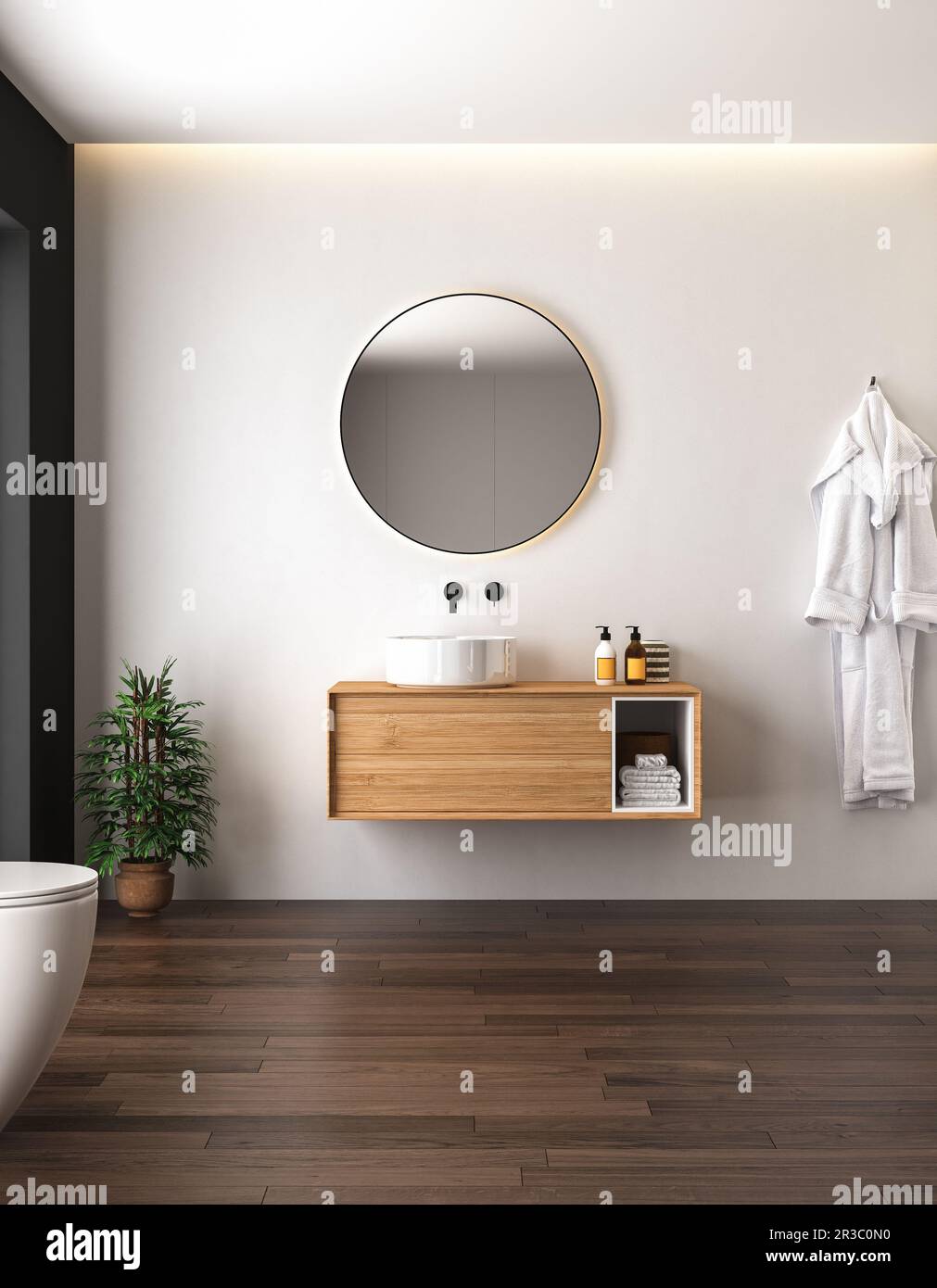 Bagno interno con parquet scuro, wc, doccia e specchio ovale, pareti bianche e nere vista frontale. Bagno nero minimalista con mobili moderni Foto Stock
