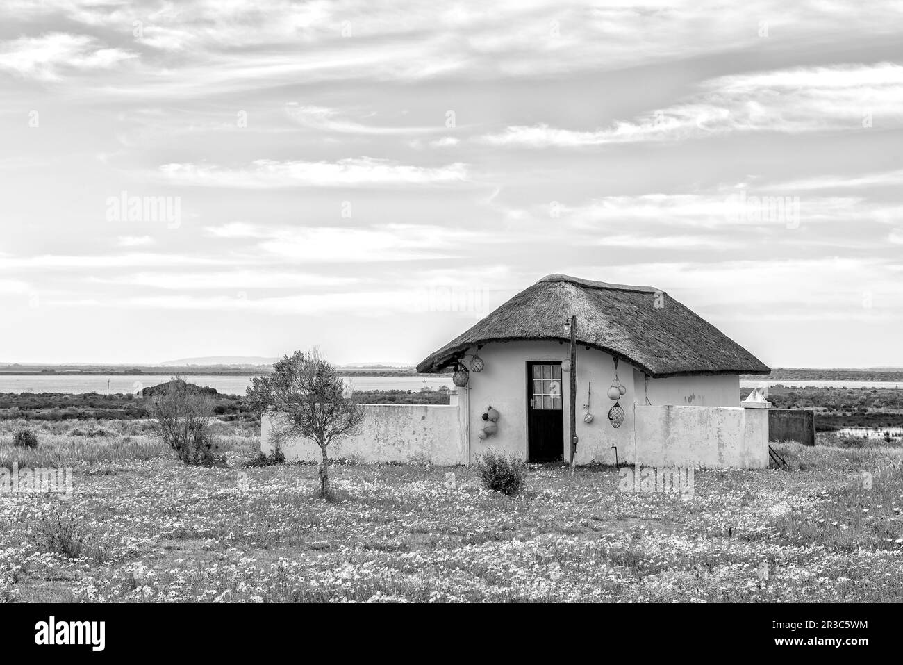 Struisbaai, Sud Africa - 21 settembre 2022: Una vista della storica tenuta Springfield vicino Struisbaai nella Provincia del Capo Occidentale. È visibile una vaschetta di sale Foto Stock