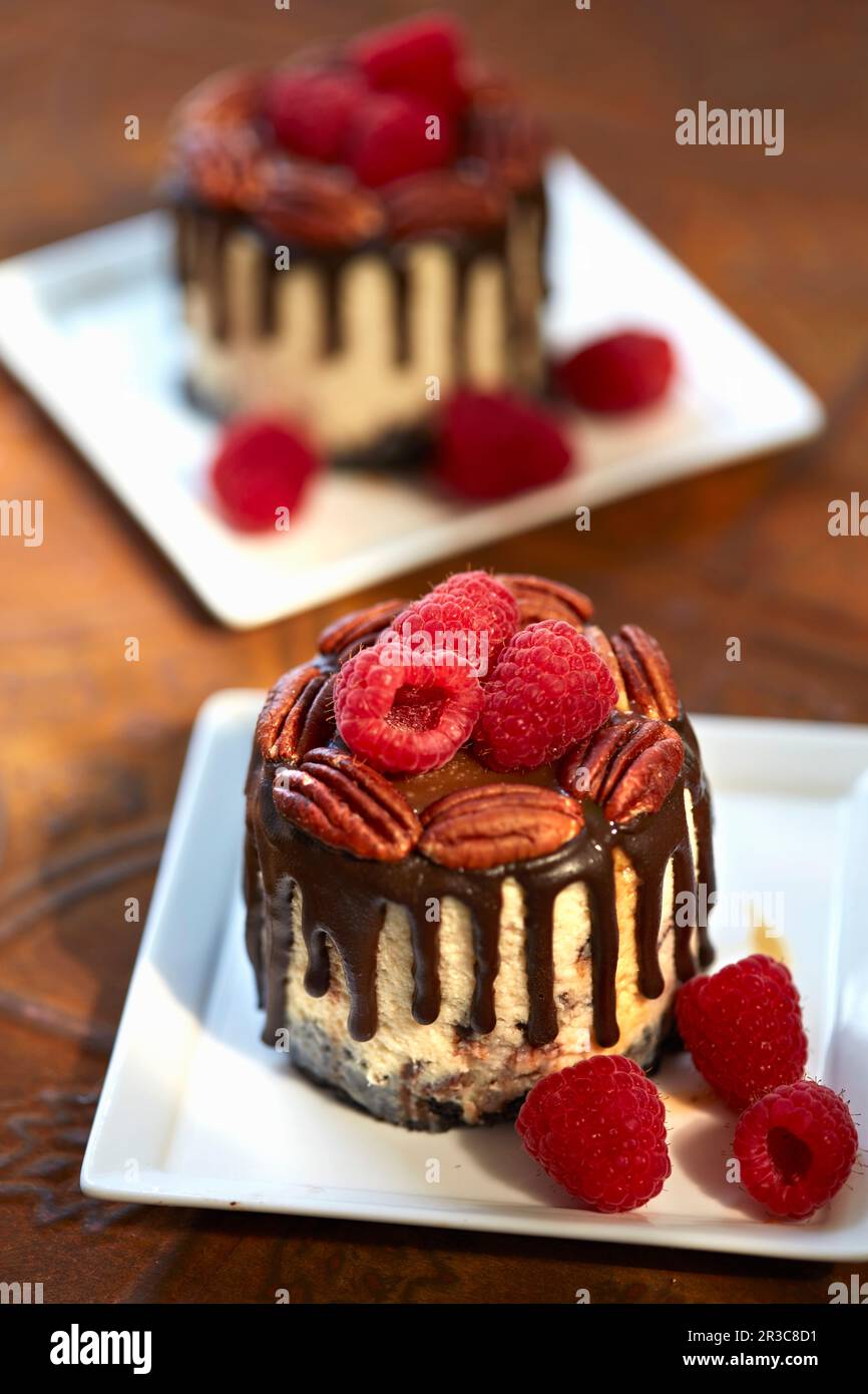 Piccola cheesecake di lamponi con gocce di cioccolato e noci pecan Foto Stock