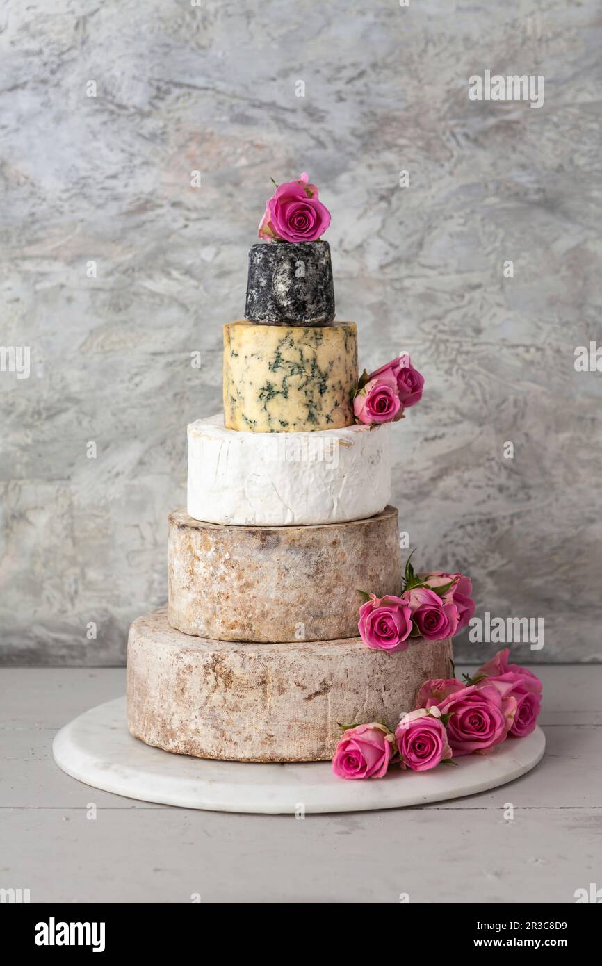 Torta nuziale al formaggio - ruote di formaggi disposte come torta nuziale a strati, con petali di rosa Foto Stock