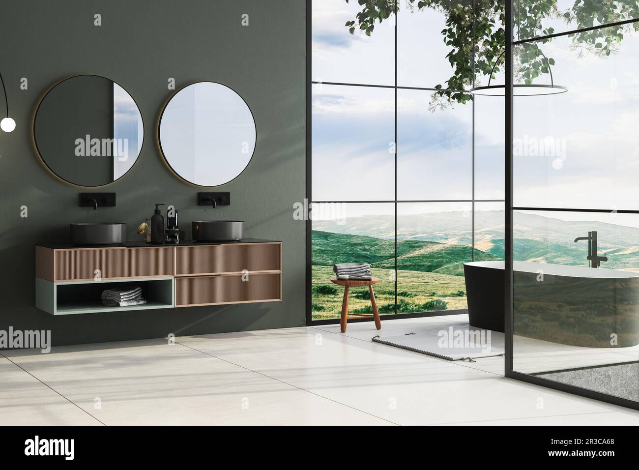 Moderno bagno minimalista interno con parete verde scuro, armadio bagno di lusso con doppio lavabo, piante interne, vasca da bagno, piano di appoggio, vista sulla foresta Foto Stock