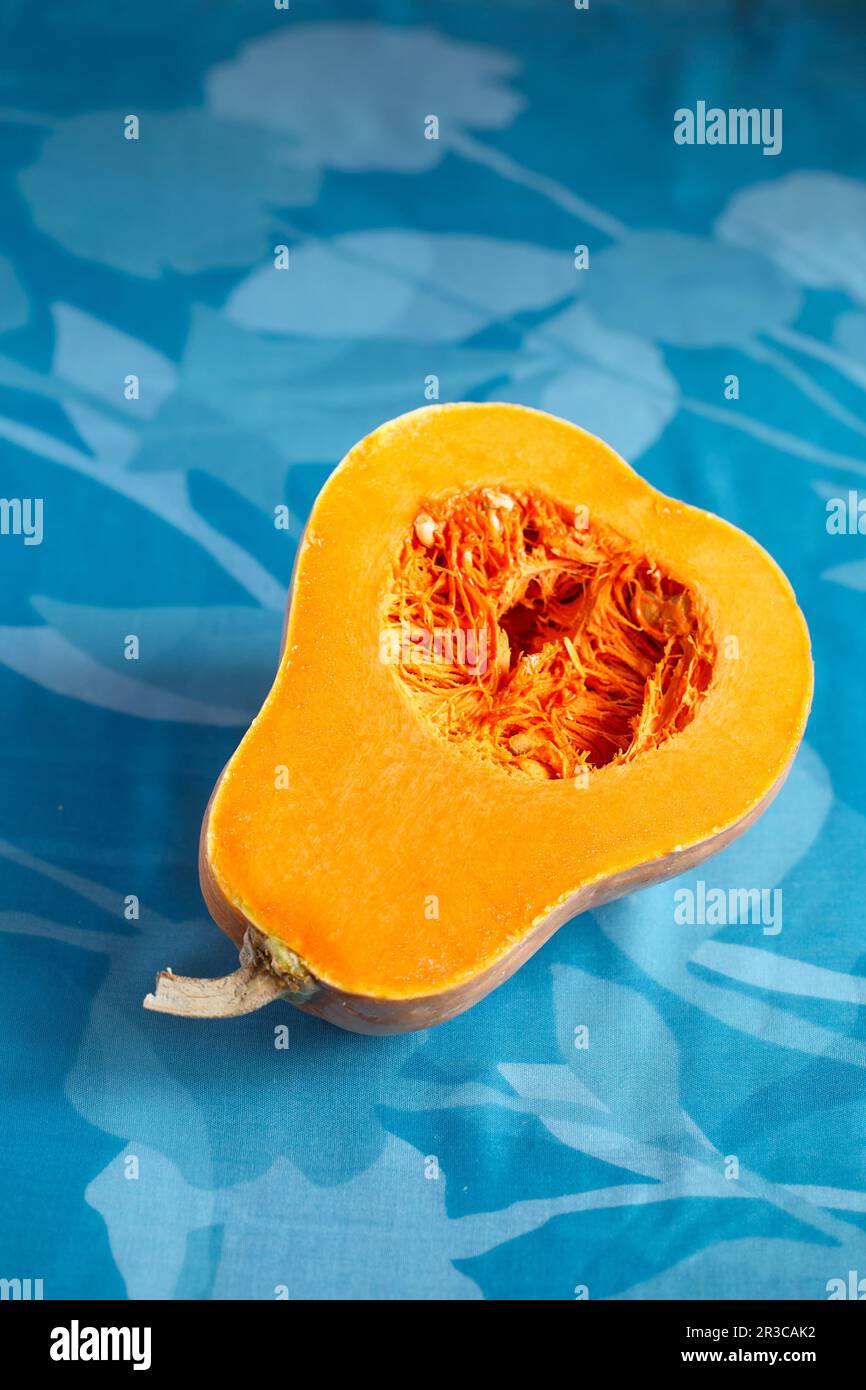 Zucca di butternut fresca su sfondo blu. Zucca di butternut. Metà di zucca d'arancia cruda. Cont Foto Stock