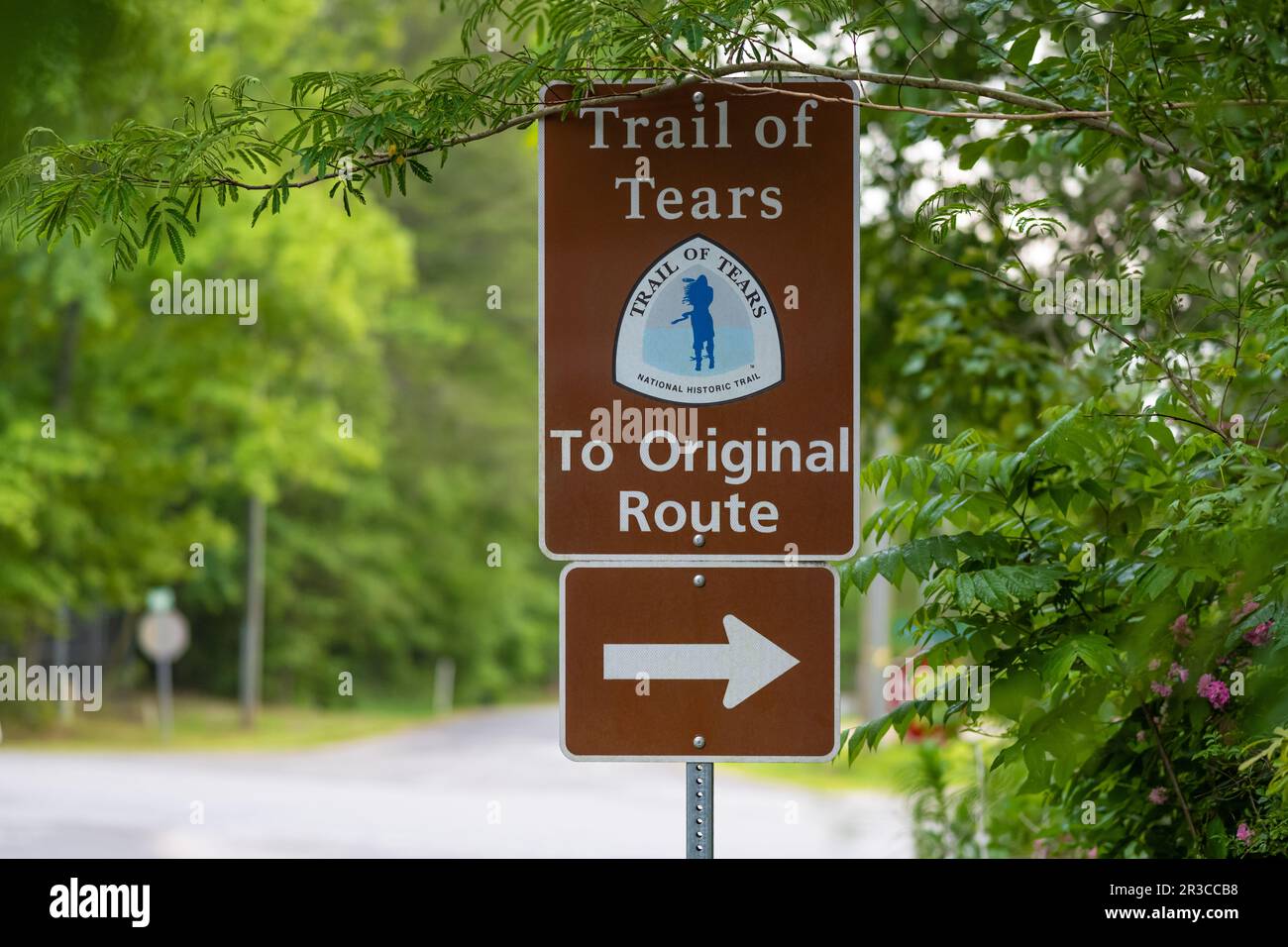 Cartello direzionale in Ball Ground, GA, lungo un percorso originale Trail of Tears utilizzato dalla Georgia Cherokee dopo il passaggio dell'Indian Removal Act nel 1830. Foto Stock