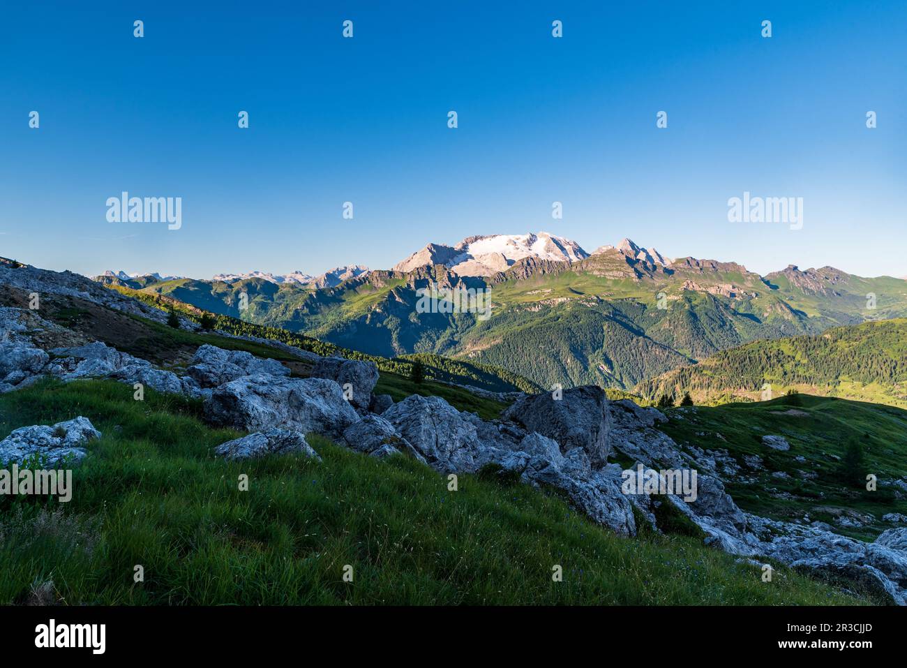 Montagne dolomitiche con la cima più alta di Punta Penia in Italia - guarda sotto la cima di Setsass durante la mattina d'estate Foto Stock