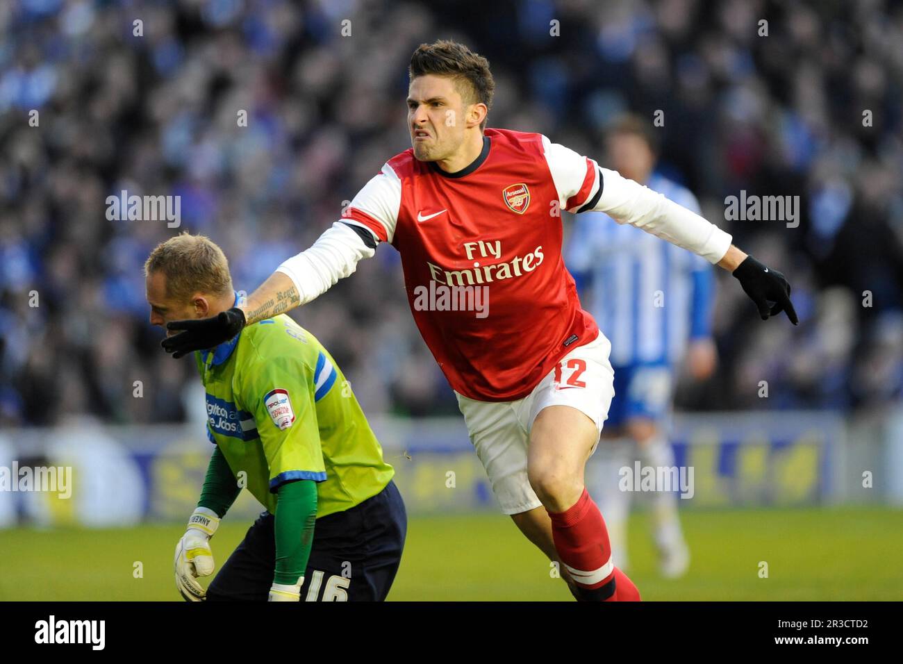 Olivier Giroud dell'Arsenal festeggia un gol durante la partita della fa Cup 4th Round tra Brighton & Hove Albion e l'Arsenal all'American Expre Foto Stock