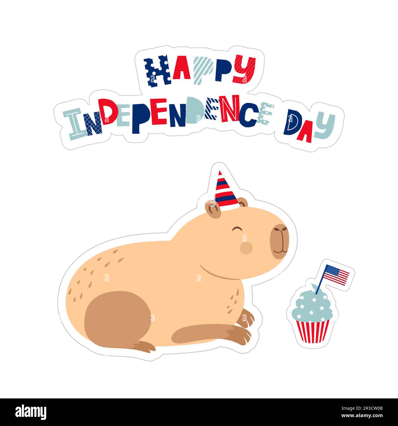 Capybara in un cappello da festa, biglietto di auguri, isolato su sfondo bianco. Felice giorno di indipendenza. Illustrazione Vettoriale