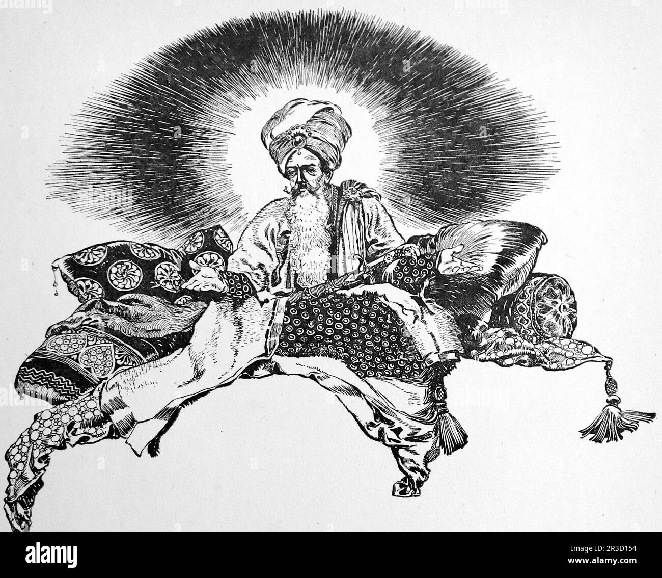Da parte di Rene Bull Disegno di linea di Mahmud il Signore vittorioso con la sua spada incantata. Dal Rubaiyat di Omar Khayyam. Foto Stock