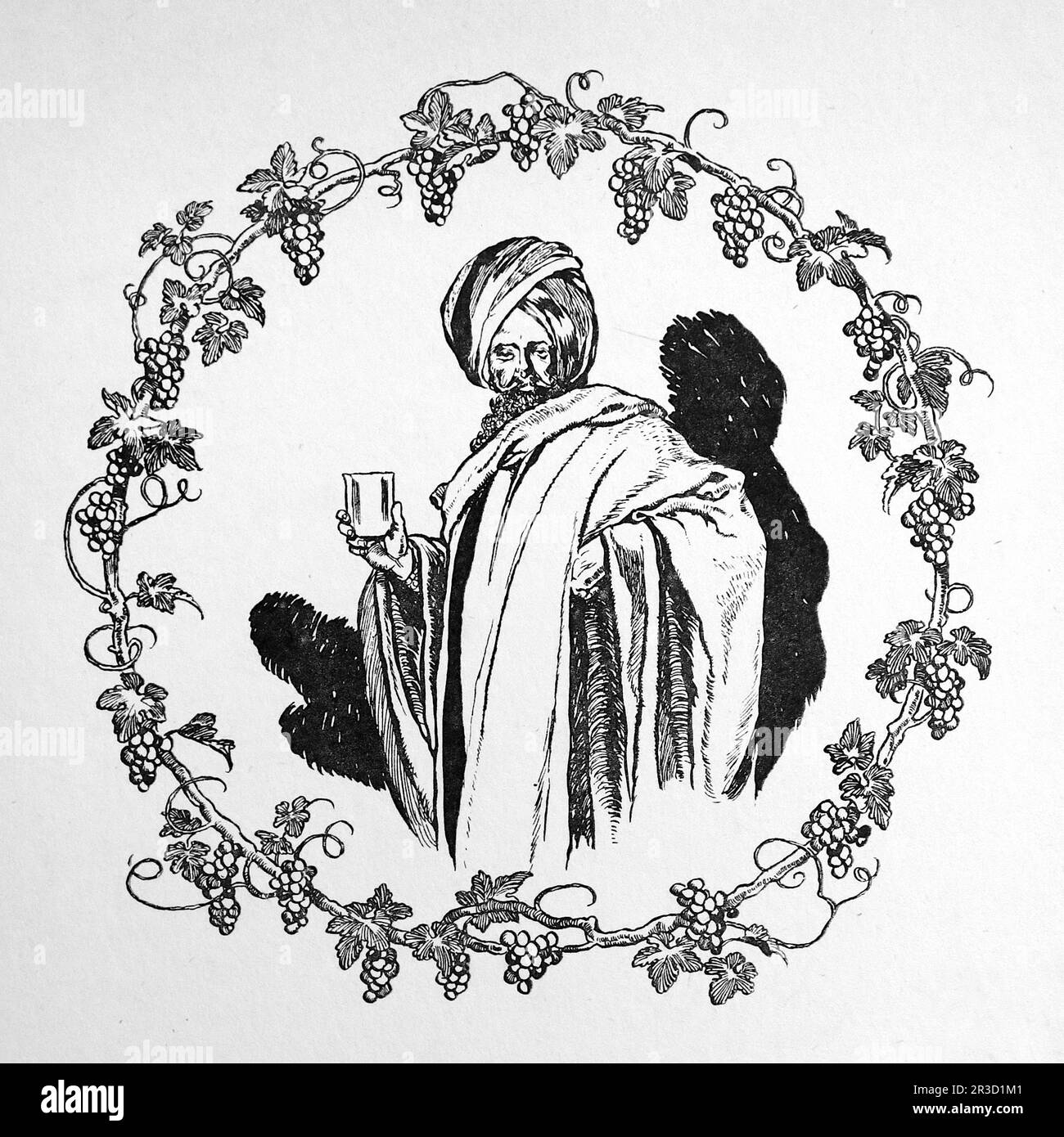Da parte di Rene Bull Disegno di un uomo con una tazza di vino incorniciata da una corona. Dal Rubaiyat di Omar Khayyam. Foto Stock