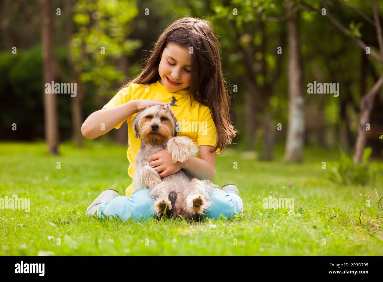 La ragazza fa un ponytail al suo cane preferito Foto Stock