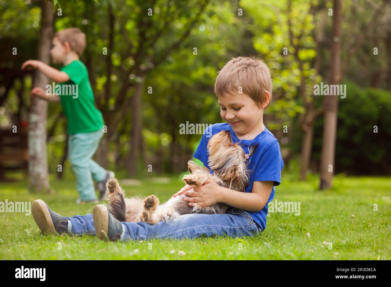 Il ragazzo gioioso sta accarezzando il ventre del suo piccolo cane Foto Stock