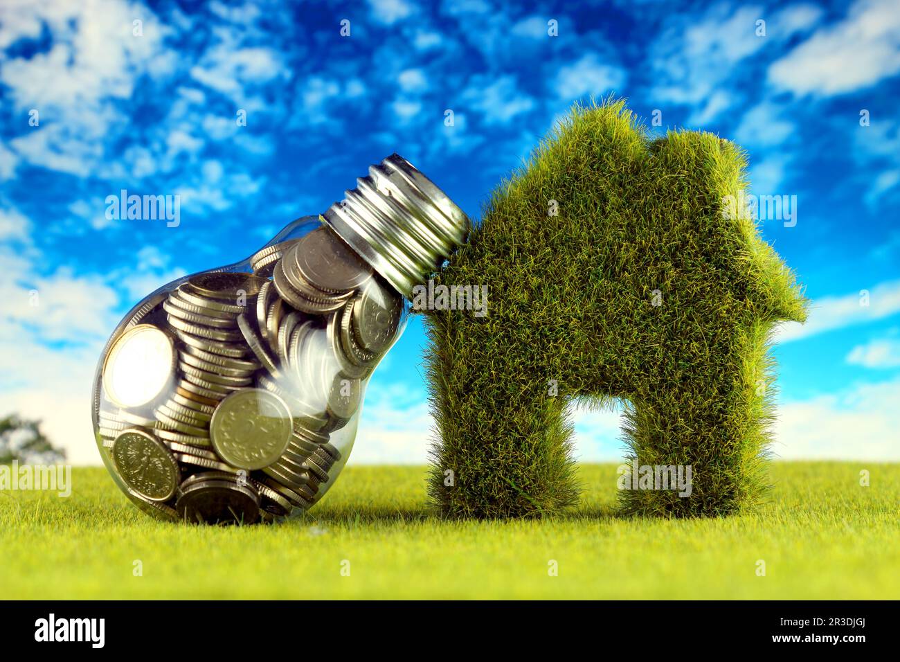 Monete all'interno della lampadina e casa in miniatura con erba. Eco-verde energia rinnovabile concetto. I prezzi dell'elettricità, il risparmio energetico in famiglia. Foto Stock
