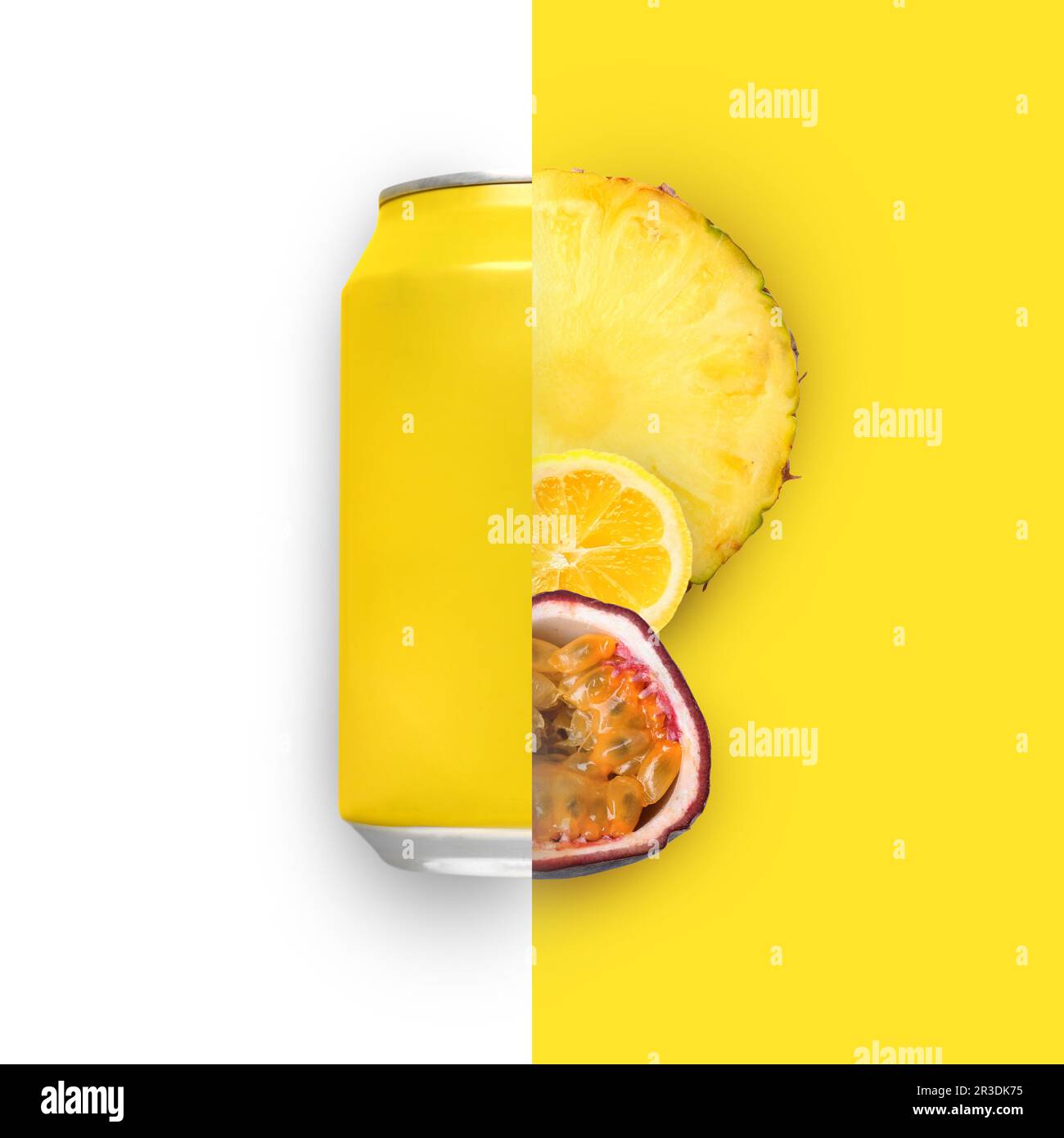 Collage con lattina di soda e frutta tropicale dolce Foto Stock