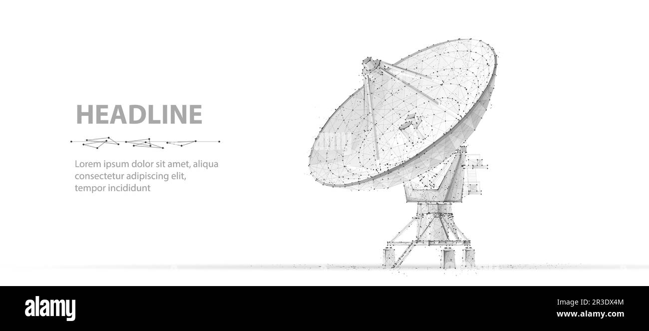 Astratto antenna satellitare 3D. Telecomunicazioni radio, telescopio astronomico, radar militare, Osservatorio di ricerca universo, trasmissione dati Illustrazione Vettoriale