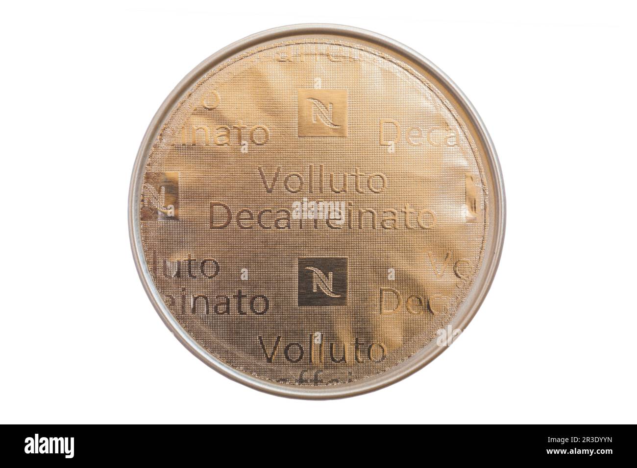 Caffè Nespresso Volluto Decaffeinato cialda isolata su fondo bianco caffè decaffeinato Foto Stock