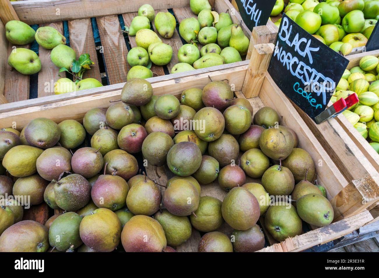 Una scatola nera di Worcester pere in vendita in un negozio di fattoria. Foto Stock