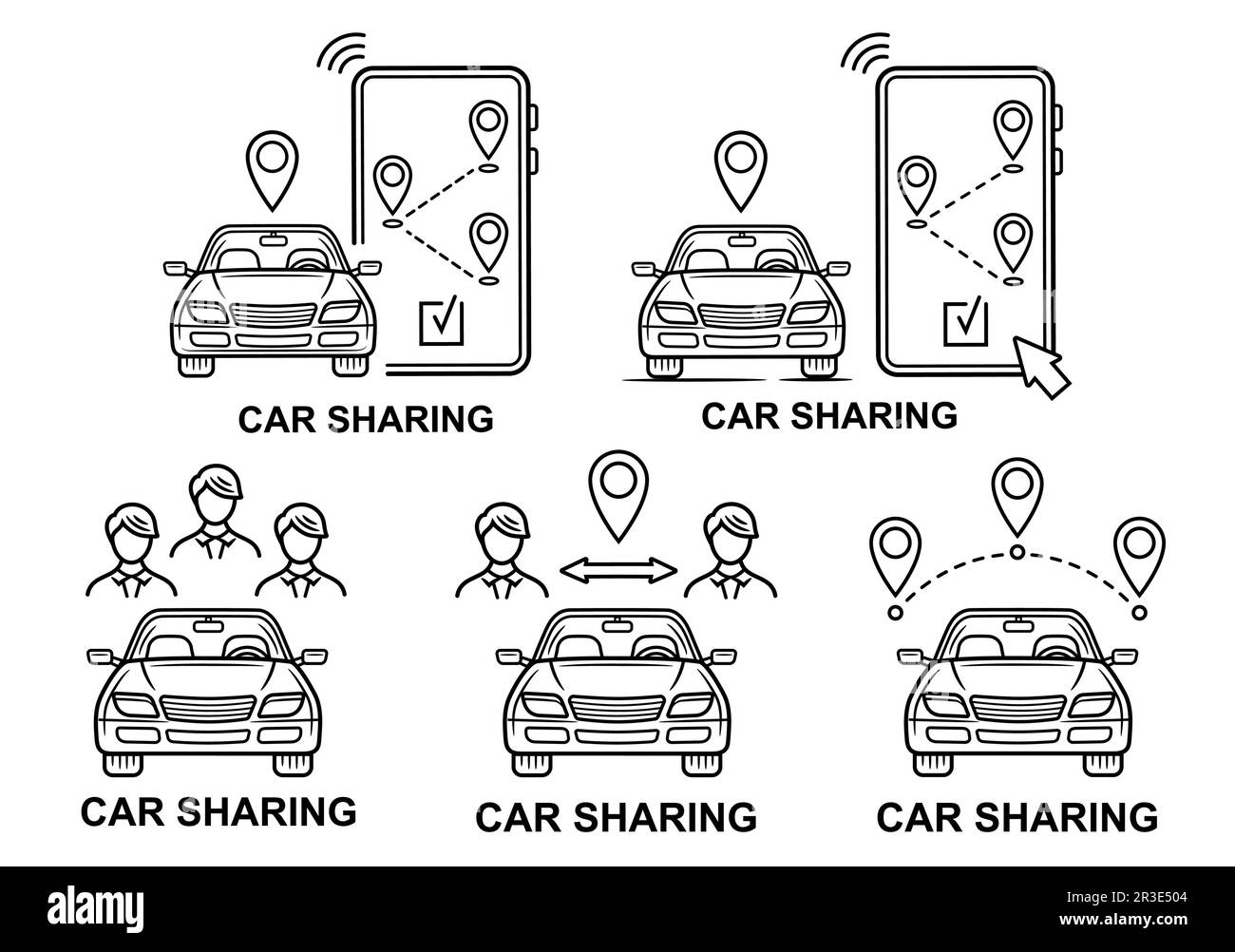 Servizio di car sharing, noleggio auto linea di trasporto icona set. Noleggio auto online. Carsharing passeggeri. Percorso di viaggio su strada nell'app per telefono cellulare. Vettore Illustrazione Vettoriale